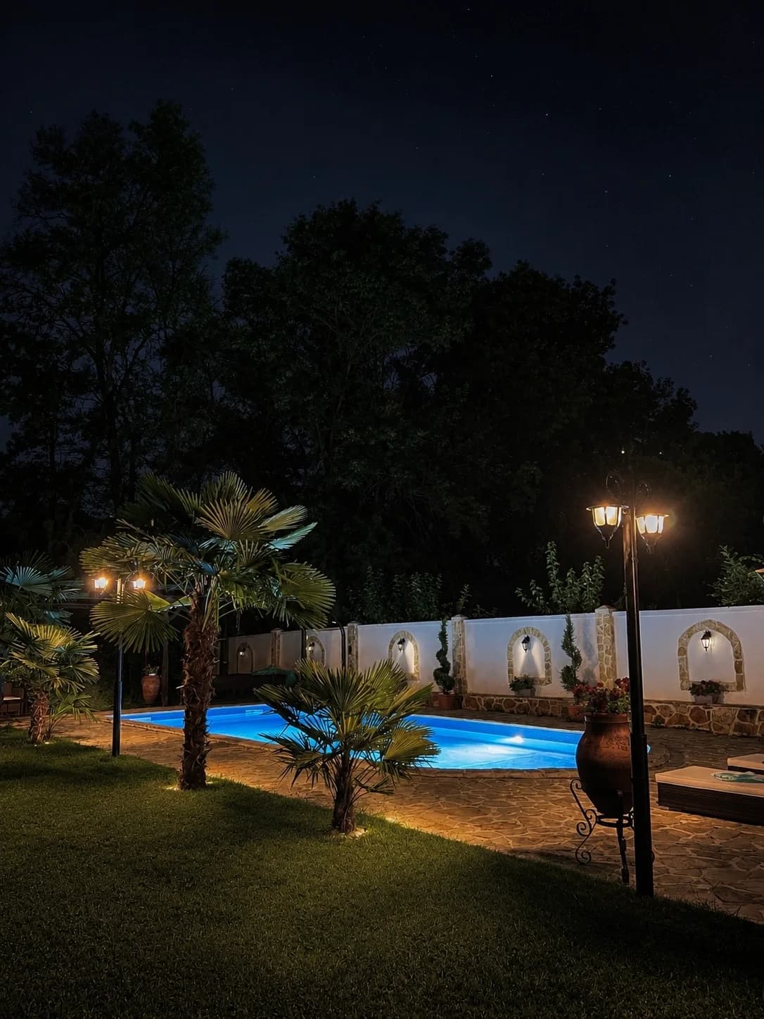 Garden and pool illuminated at night